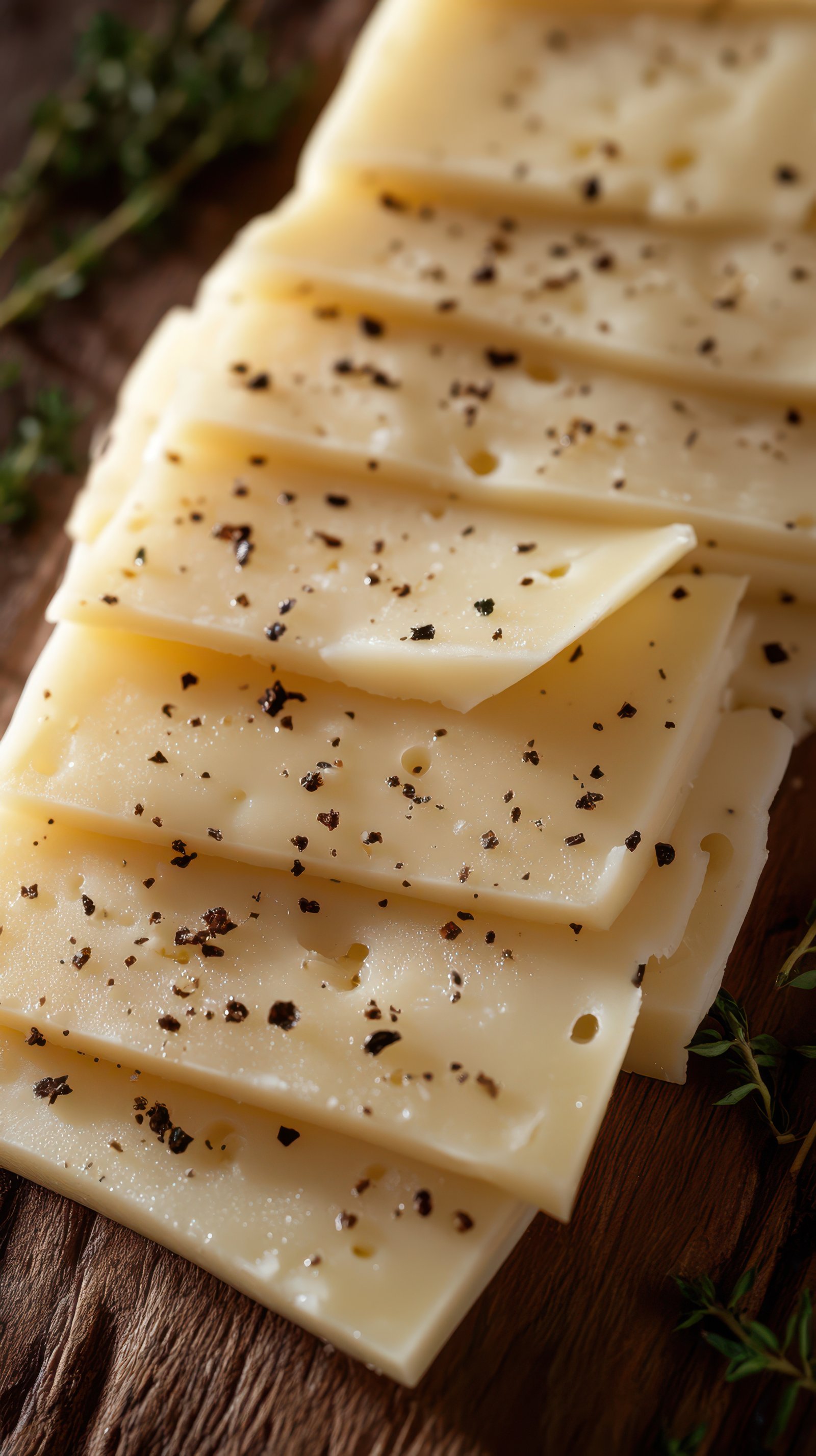 Delicious slices of cheese sprinkled with black pepper and thyme on a rustic wooden board